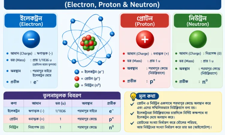ইলেকট্রন, প্রোটন ও নিউট্রন (Electron, Proton & Neutron)