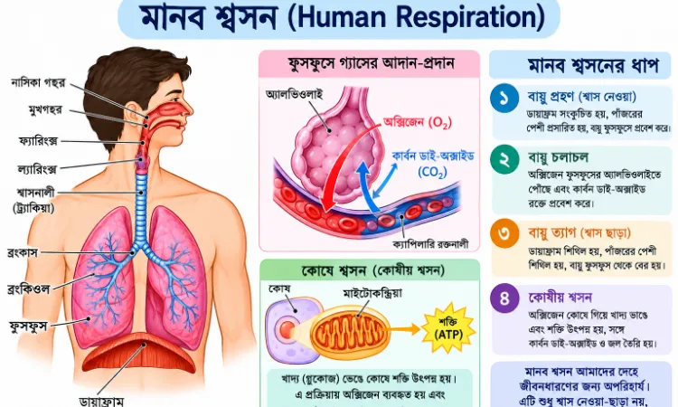 মানব শ্বসন (Human Respiration) – শ্বাসযন্ত্র, শ্বাসক্রিয়া ও গুরুত্বপূর্ণ তথ্য