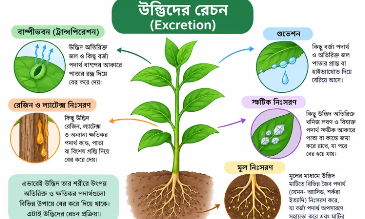 উদ্ভিদের রেচন (Excretion) — প্রকারভেদ, রেচন পদার্থ, উদাহরণ ও গুরুত্বপূর্ণ তথ্য