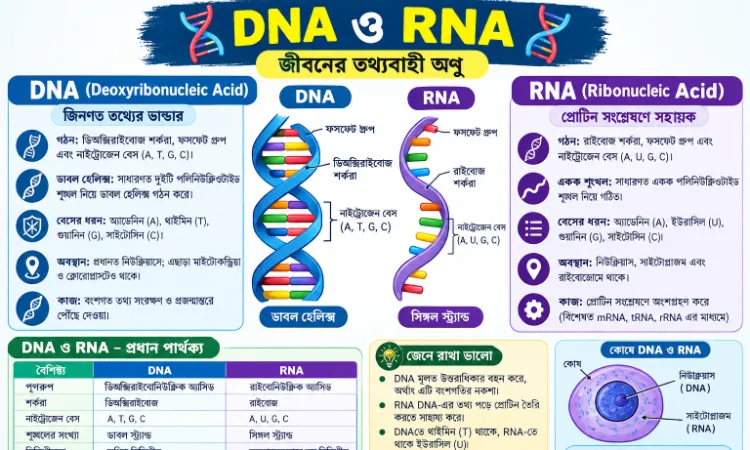 DNA ও RNA — গঠন, প্রকার, পার্থক্য